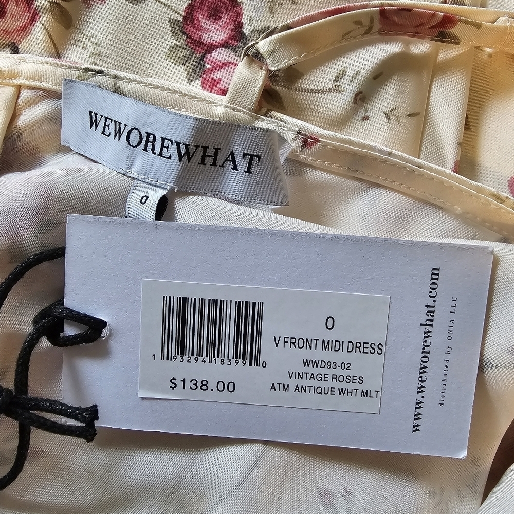 WeWoreWhat Vintage Roses V Front Midi Dress, Antique White Multi, Size 0 - Picture 15 of 15